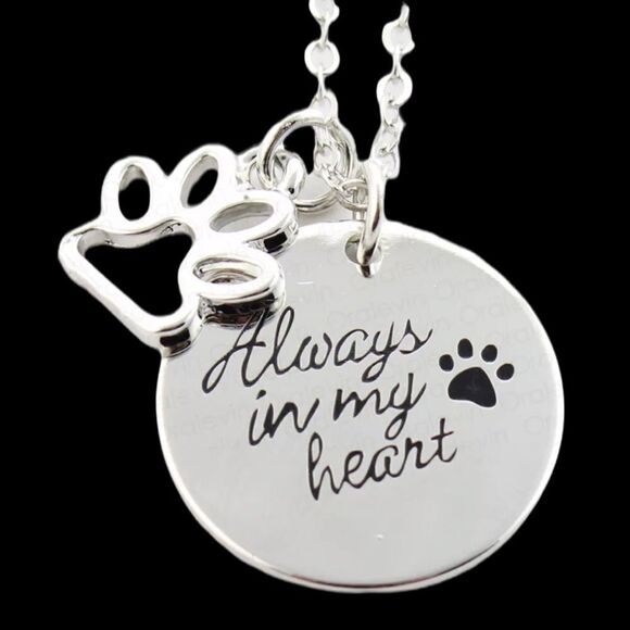 Dog Always In My Heart Paw Print Silver Plated Charm Necklace NWT - Picture 7 of 8